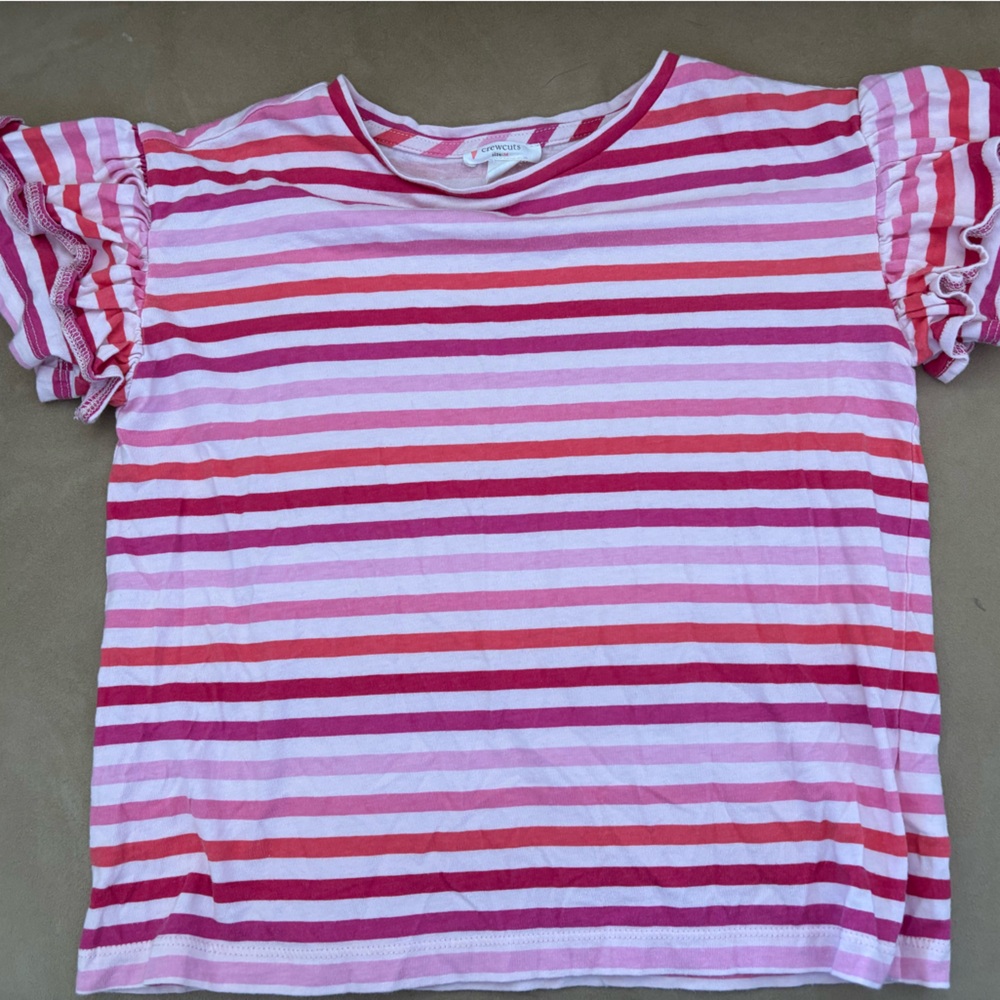 Crewcuts Pink and Red Striped Ruffle Sleeve Top